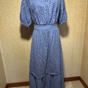 Betsey Johnson Blue Eyelet Midi Dress with Smocked Waist